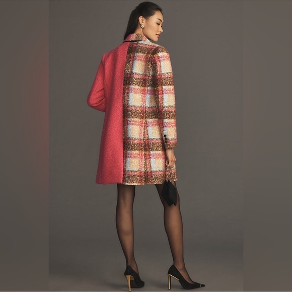NVLT Boucle Anthropologie Pink Colorblock Teddy Longline Plaid Coat Large - Picture 2 of 14